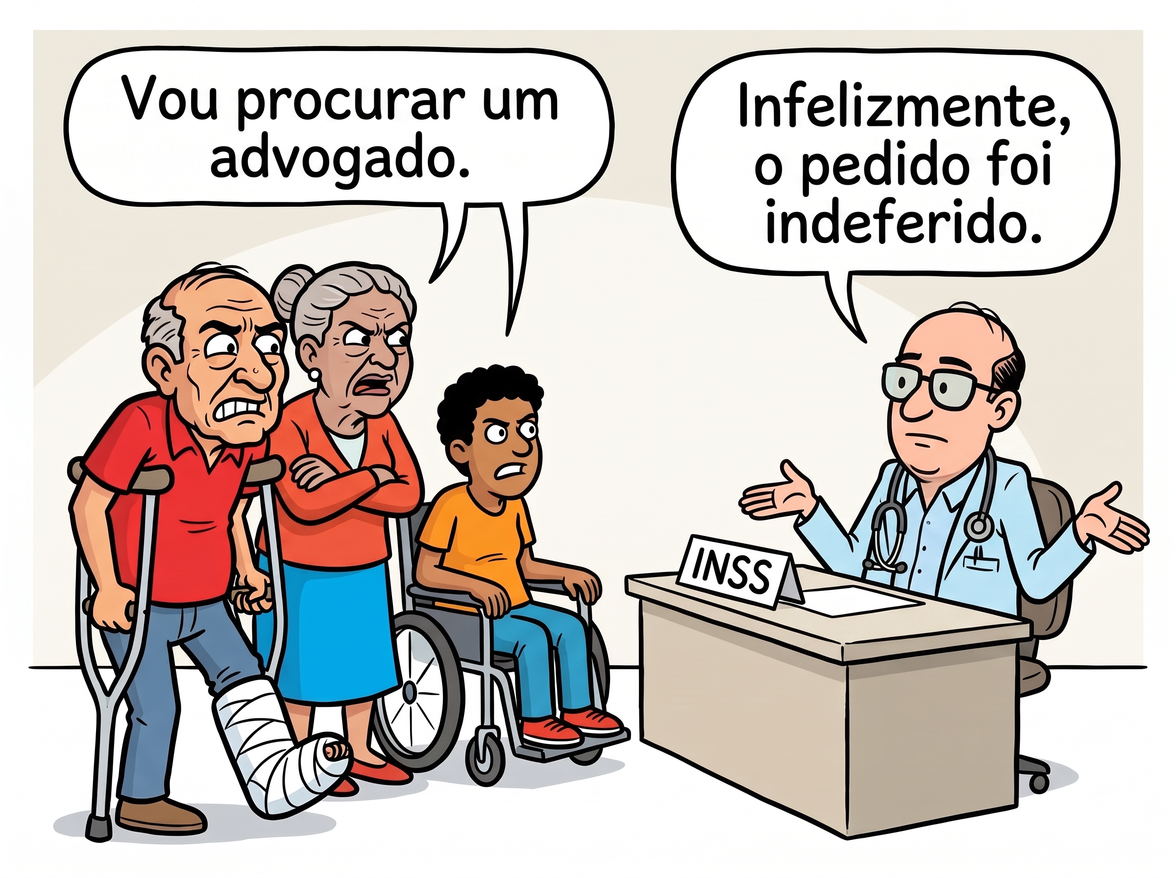 Idosos e pessoa com deficiência recebendo a notícia de que o pedido foi indeferido pelo INSS